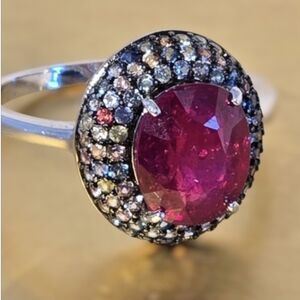 925 Sterling Silver Ring with Natural Ruby 10x8mm & Sapphire Gemstones